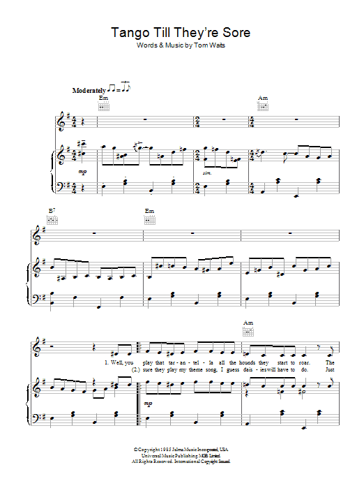 Learn to play Tom Waits Tango Till They're Sore sheet music for Piano, Vocal & Guitar Chords in minutes. Price: 7.8900$ Tom Waits Tango Till They're Sore sheet music notes and chords arranged for Piano, Vocal & Guitar Chords