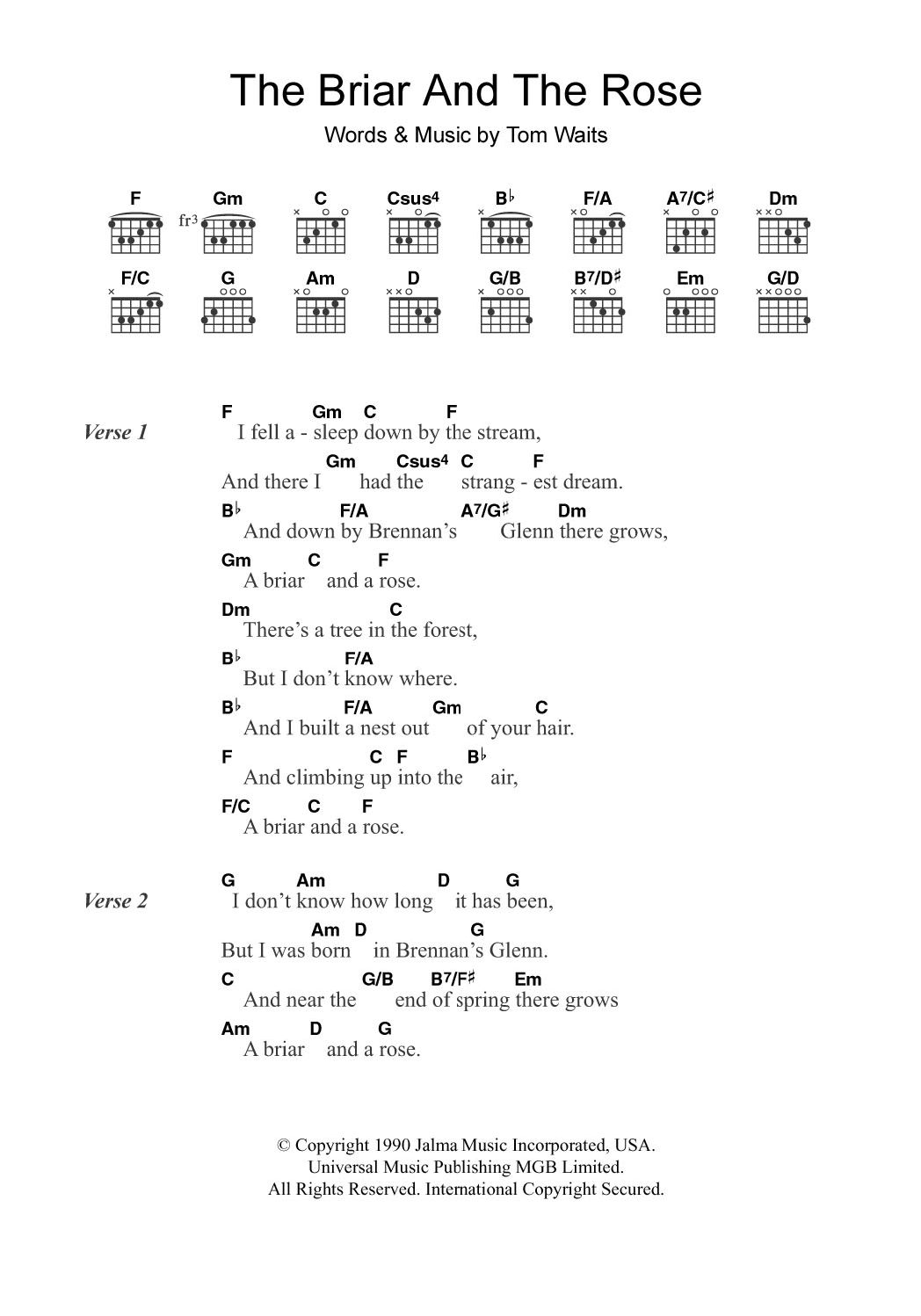 Tom Waits The Briar And The Rose sheet music notes and chords arranged for Piano, Vocal & Guitar Chords