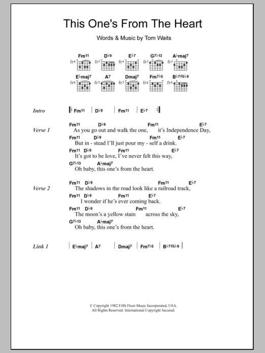 Tom Waits This One's From The Heart sheet music notes and chords. Download Printable PDF.