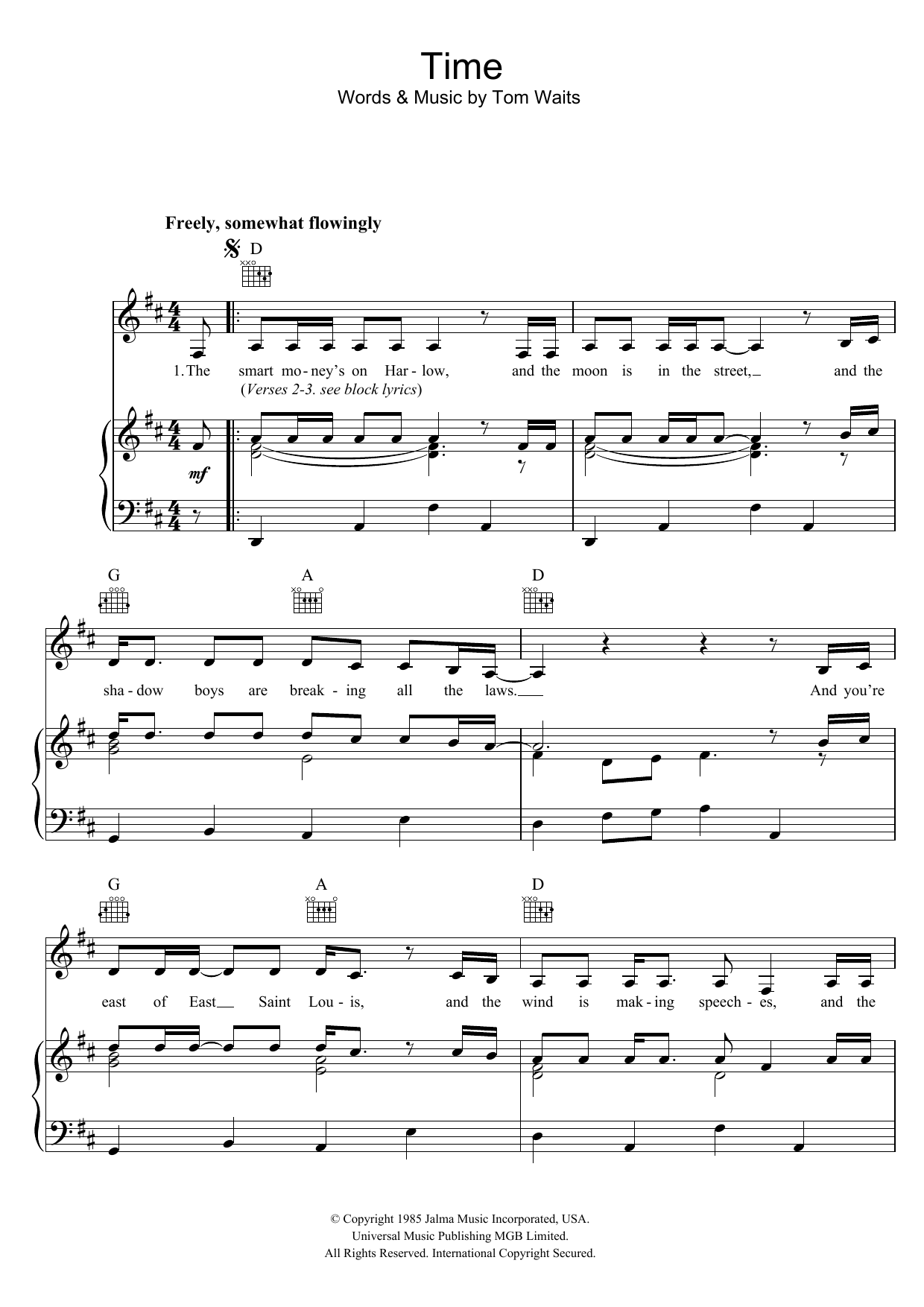 Tom Waits Time sheet music notes and chords. Download Printable PDF.