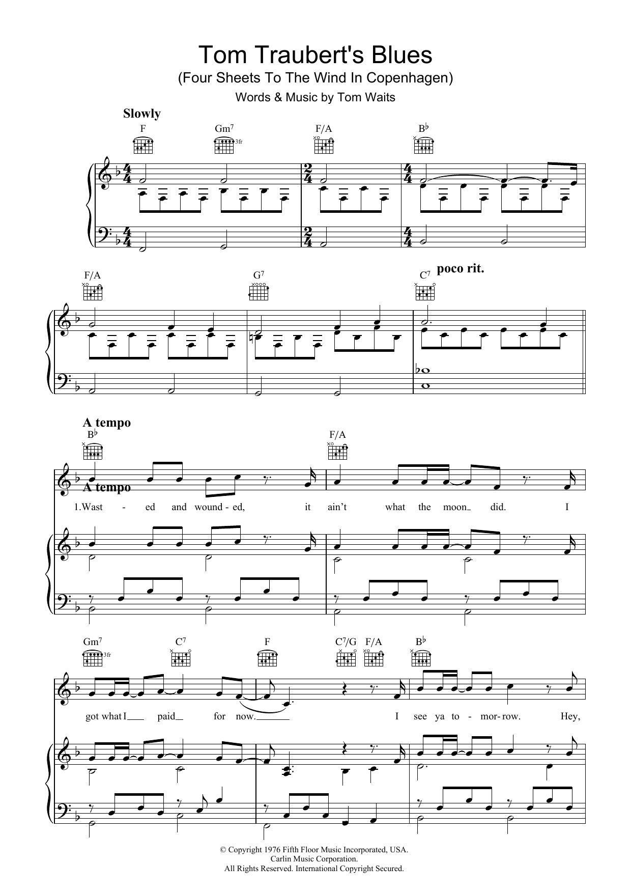 Tom Waits Tom Traubert's Blues (Four Sheets To The Wind In Copenhagen) sheet music notes and chords. Download Printable PDF.