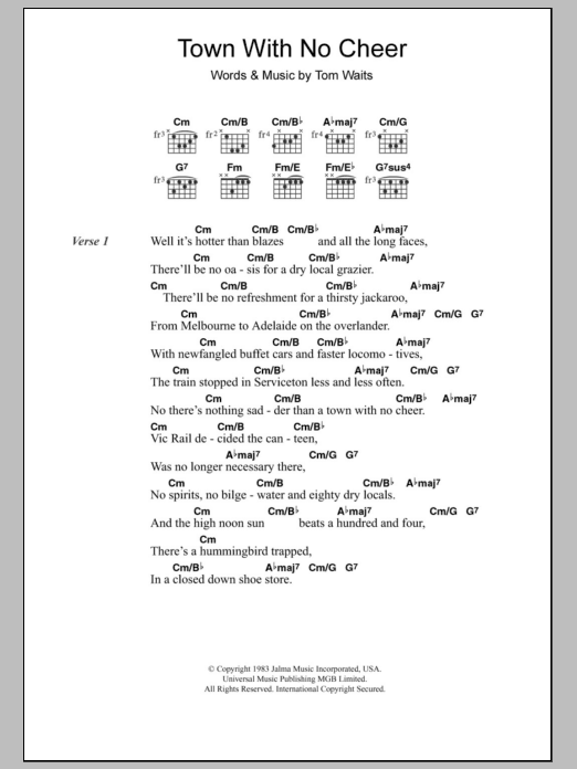 Tom Waits Town With No Cheer sheet music notes and chords. Download Printable PDF.