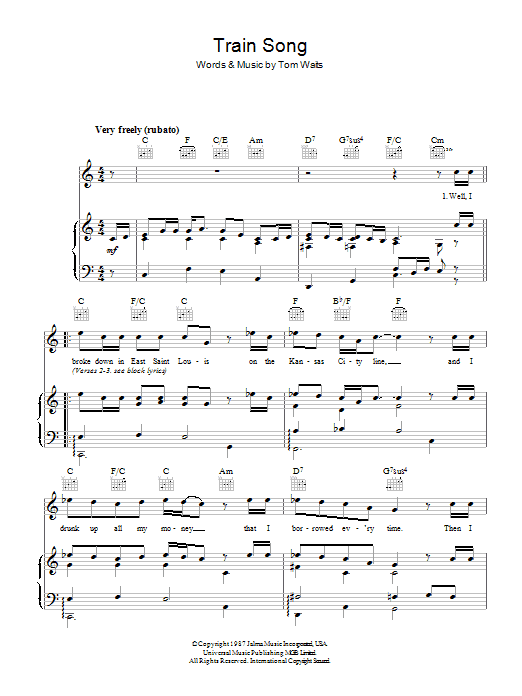 Learn to play Tom Waits Train Song sheet music for Piano, Vocal & Guitar Chords in minutes. Price: 7.8900$ Tom Waits Train Song sheet music notes and chords arranged for Piano, Vocal & Guitar Chords