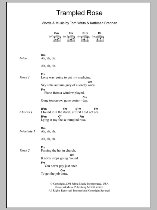 Tom Waits Trampled Rose sheet music notes and chords. Download Printable PDF.