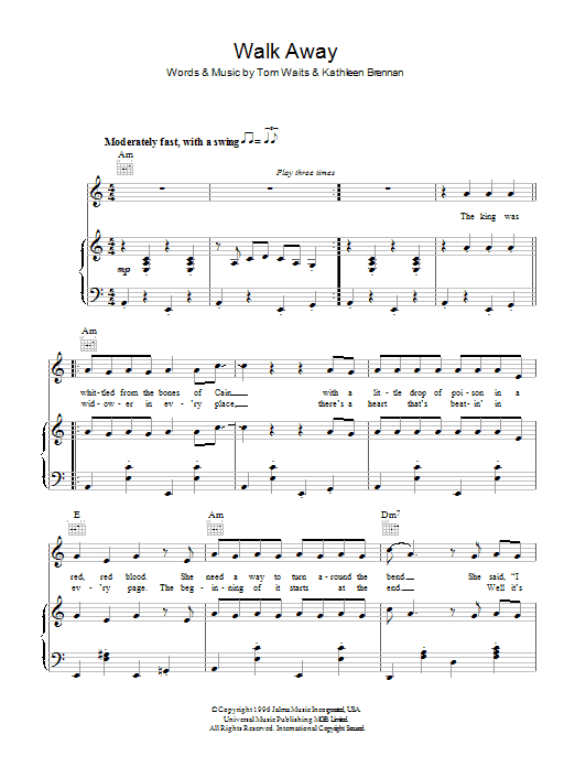 Learn to play Tom Waits Walk Away sheet music for Piano, Vocal & Guitar Chords in minutes. Price: 7.8900$ Tom Waits Walk Away sheet music notes and chords arranged for Piano, Vocal & Guitar Chords