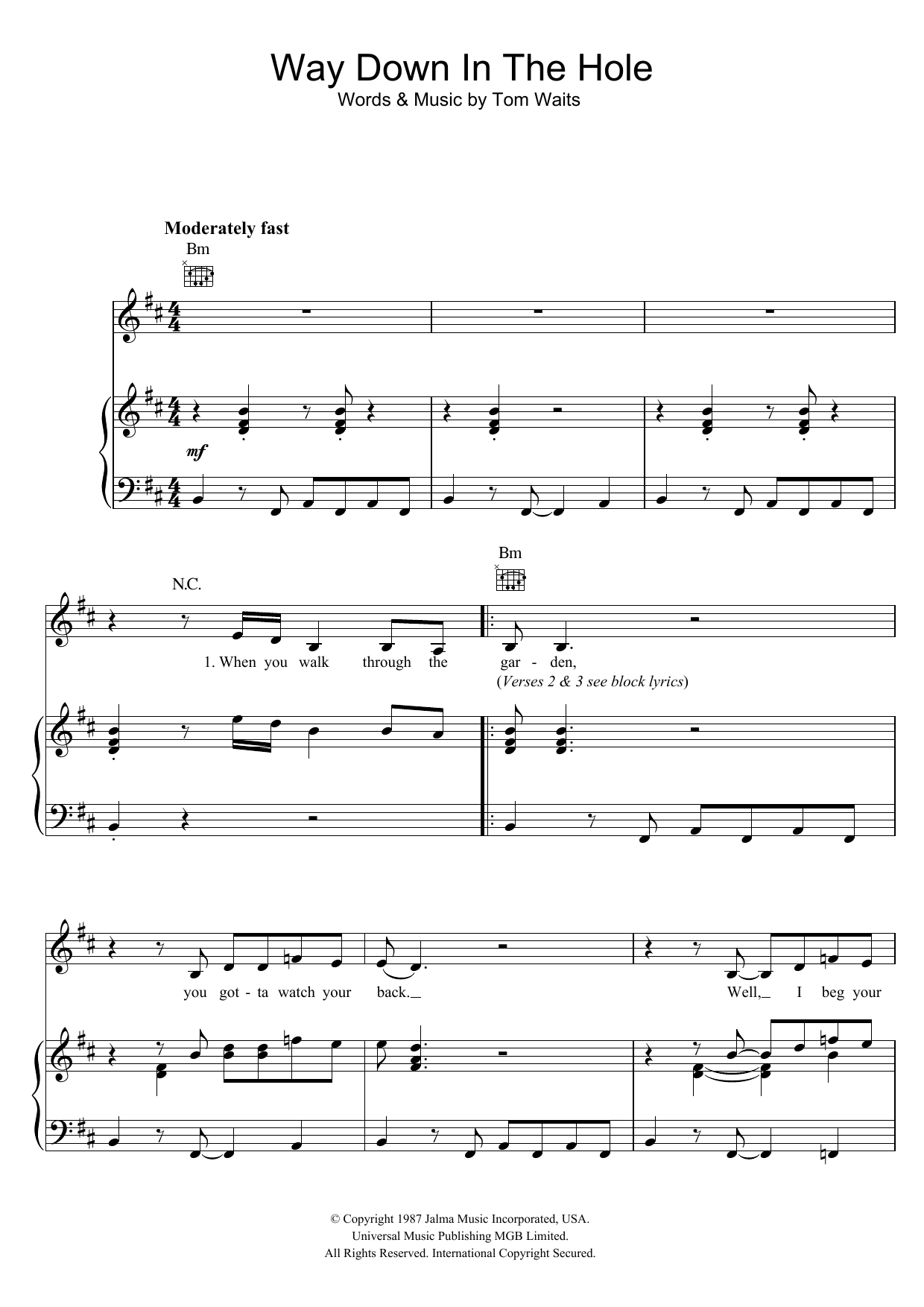 Tom Waits Way Down In The Hole sheet music notes and chords. Download Printable PDF.