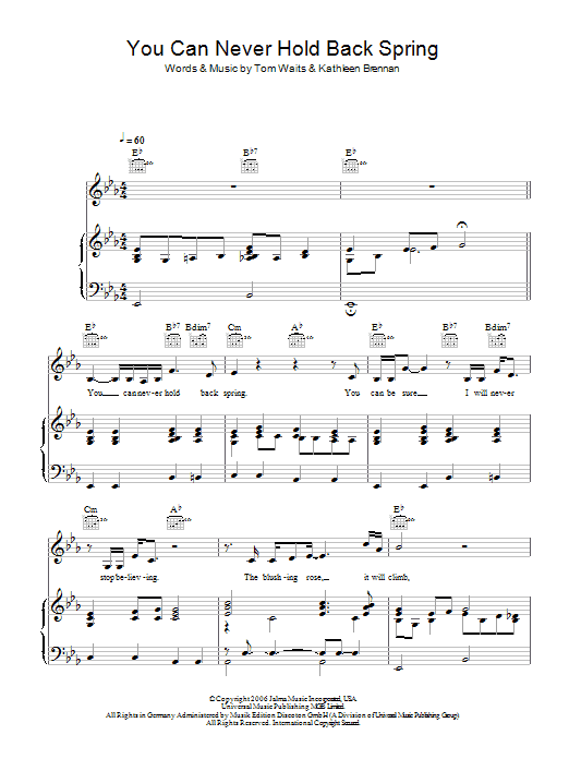 Learn to play Tom Waits You Can Never Hold Back Spring sheet music for Piano, Vocal & Guitar Chords in minutes. Price: 7.8900$ Tom Waits You Can Never Hold Back Spring sheet music notes and chords arranged for Piano, Vocal & Guitar Chords