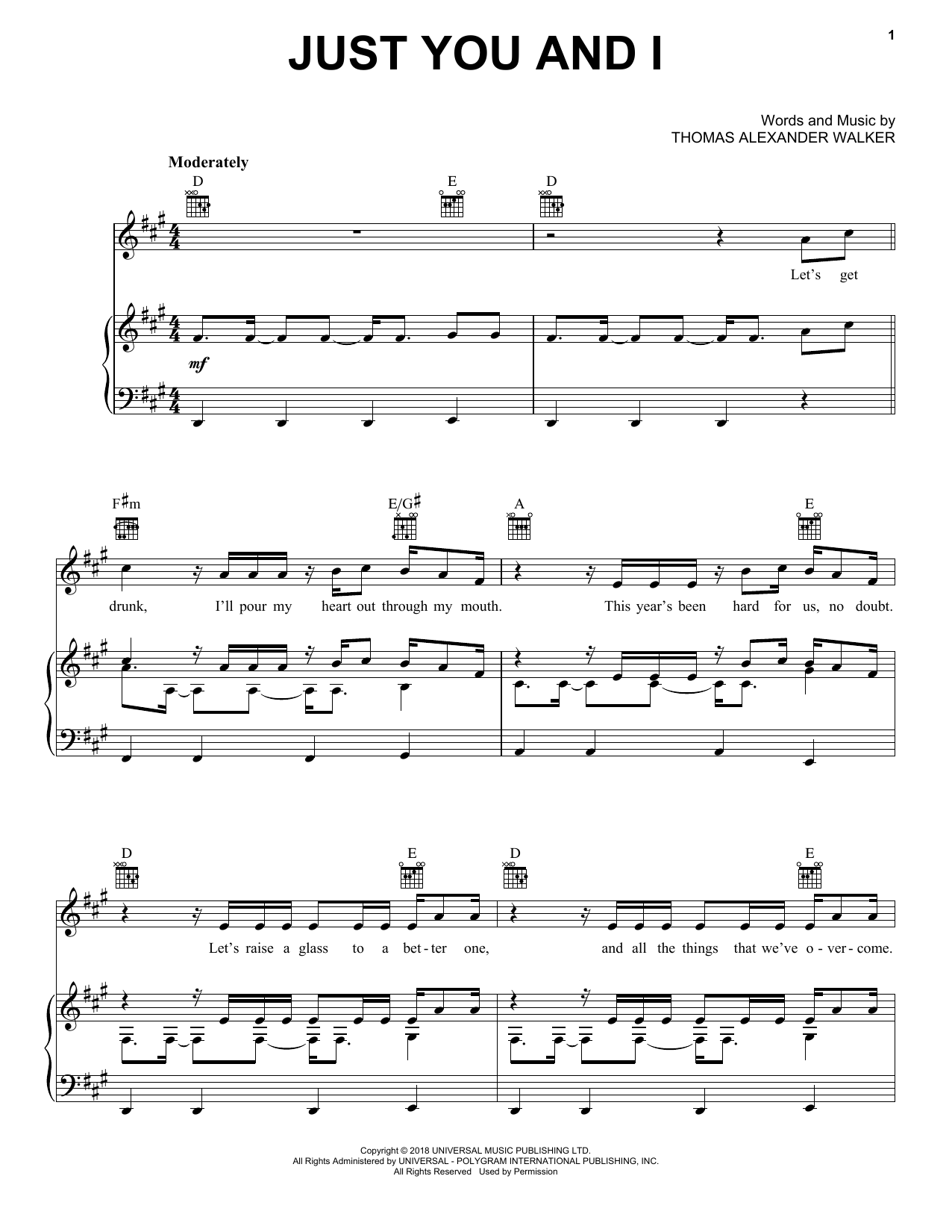 Learn to play Tom Walker Just You And I sheet music for Piano, Vocal & Guitar Chords (Right-Hand Melody) in minutes. Price: 7.8900$ Tom Walker Just You And I sheet music notes and chords arranged for Piano, Vocal & Guitar Chords (Right-Hand Melody)