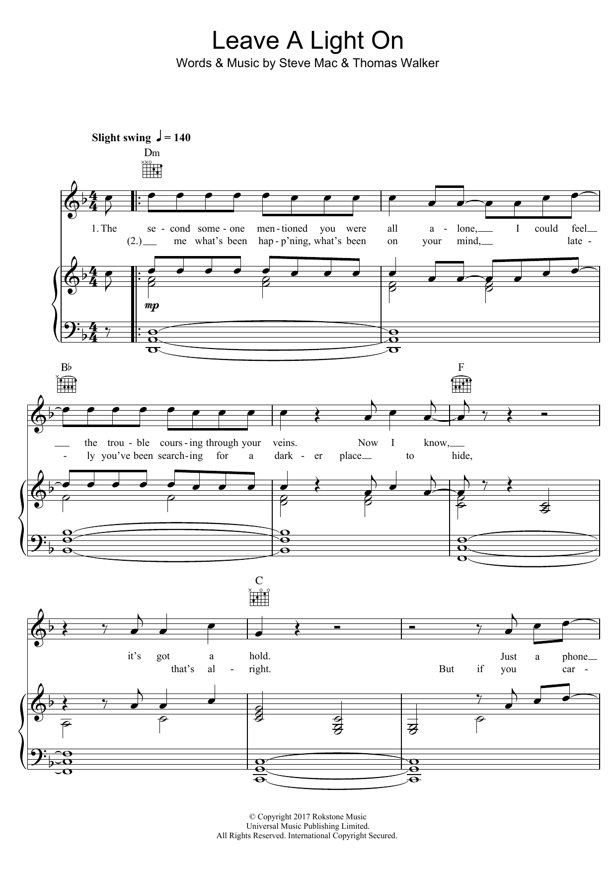 Tom Walker Leave A Light On sheet music notes and chords. Download Printable PDF.