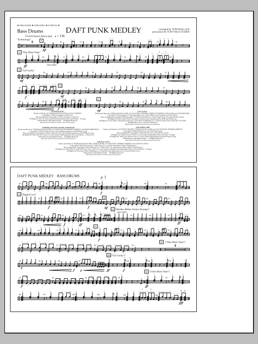 Learn to play Tom Wallace Daft Punk Medley - Bass Drums sheet music for Marching Band in minutes. Price: 7.8900$ Tom Wallace Daft Punk Medley - Bass Drums sheet music notes and chords arranged for Marching Band