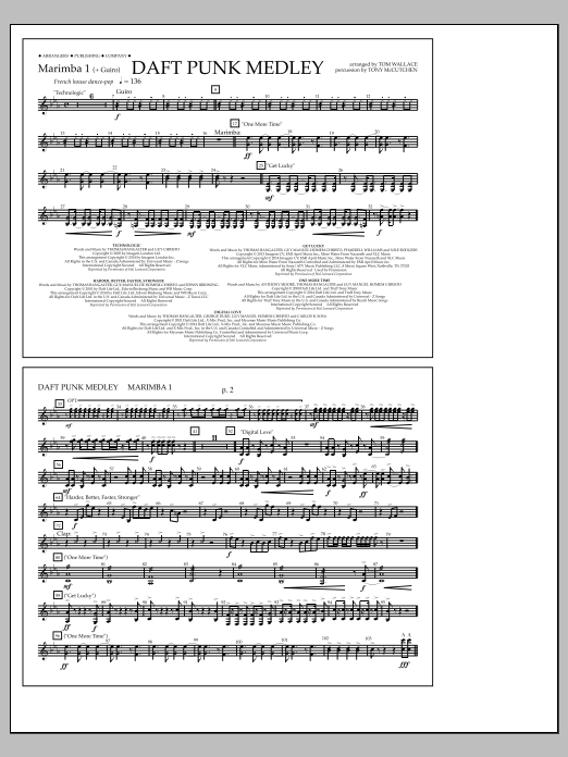 Learn to play Tom Wallace Daft Punk Medley - Marimba 1 sheet music for Marching Band in minutes. Price: 7.8900$ Tom Wallace Daft Punk Medley - Marimba 1 sheet music notes and chords arranged for Marching Band