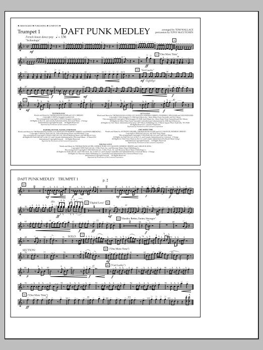 Learn to play Tom Wallace Daft Punk Medley - Trumpet 1 sheet music for Marching Band in minutes. Price: 7.8900$ Tom Wallace Daft Punk Medley - Trumpet 1 sheet music notes and chords arranged for Marching Band