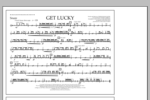 Learn to play Tom Wallace Get Lucky - Snare sheet music for Marching Band in minutes. Price: 7.8900$ Tom Wallace Get Lucky - Snare sheet music notes and chords arranged for Marching Band