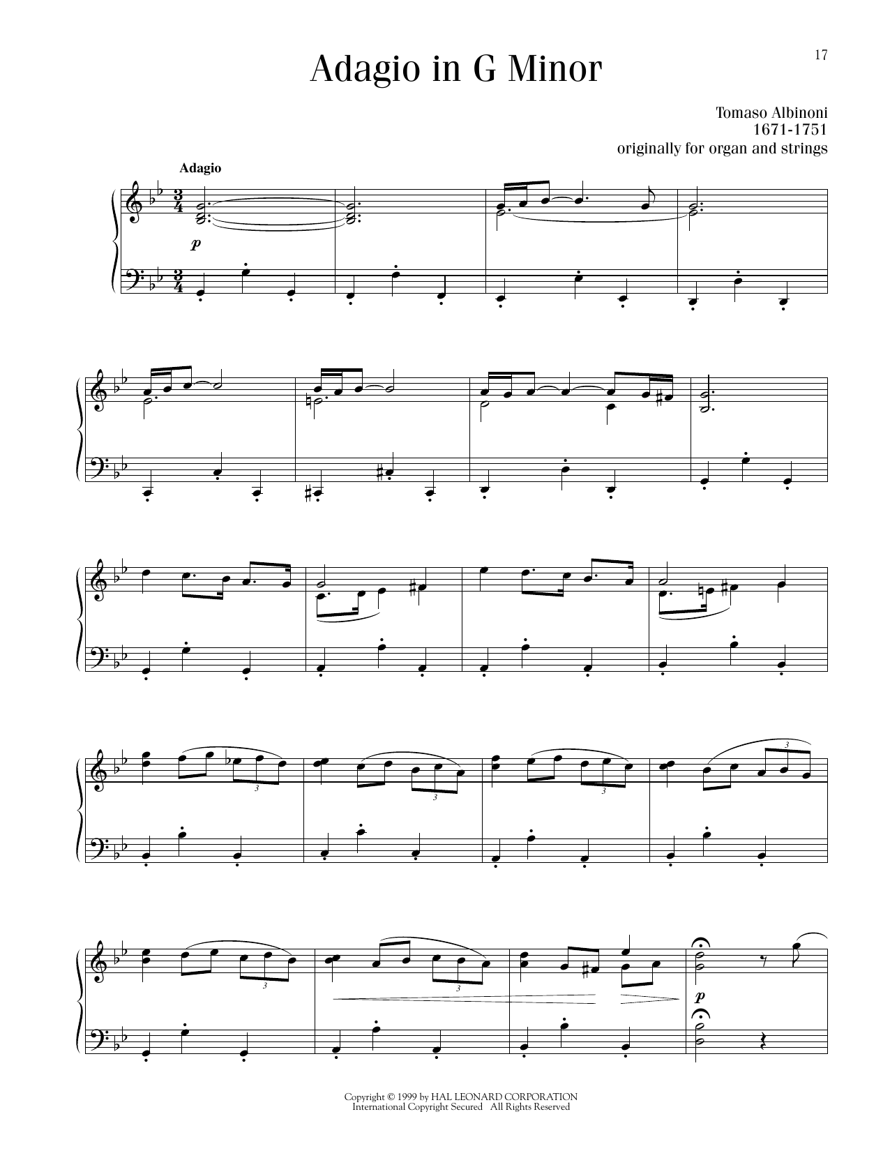 Tomaso Albinoni Adagio in G Minor sheet music notes and chords. Download Printable PDF.