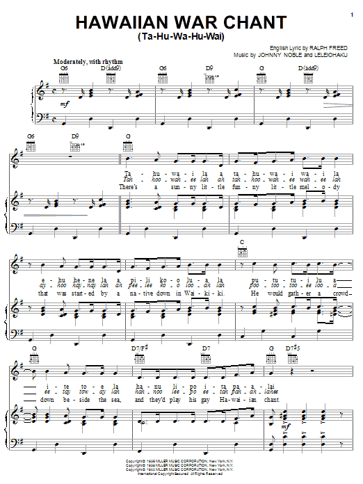 Learn to play Tommy Dorsey Hawaiian War Chant sheet music for Piano, Vocal & Guitar Chords (Right-Hand Melody) in minutes. Price: 7.8900$ Tommy Dorsey Hawaiian War Chant sheet music notes and chords arranged for Piano, Vocal & Guitar Chords (Right-Hand Melody)