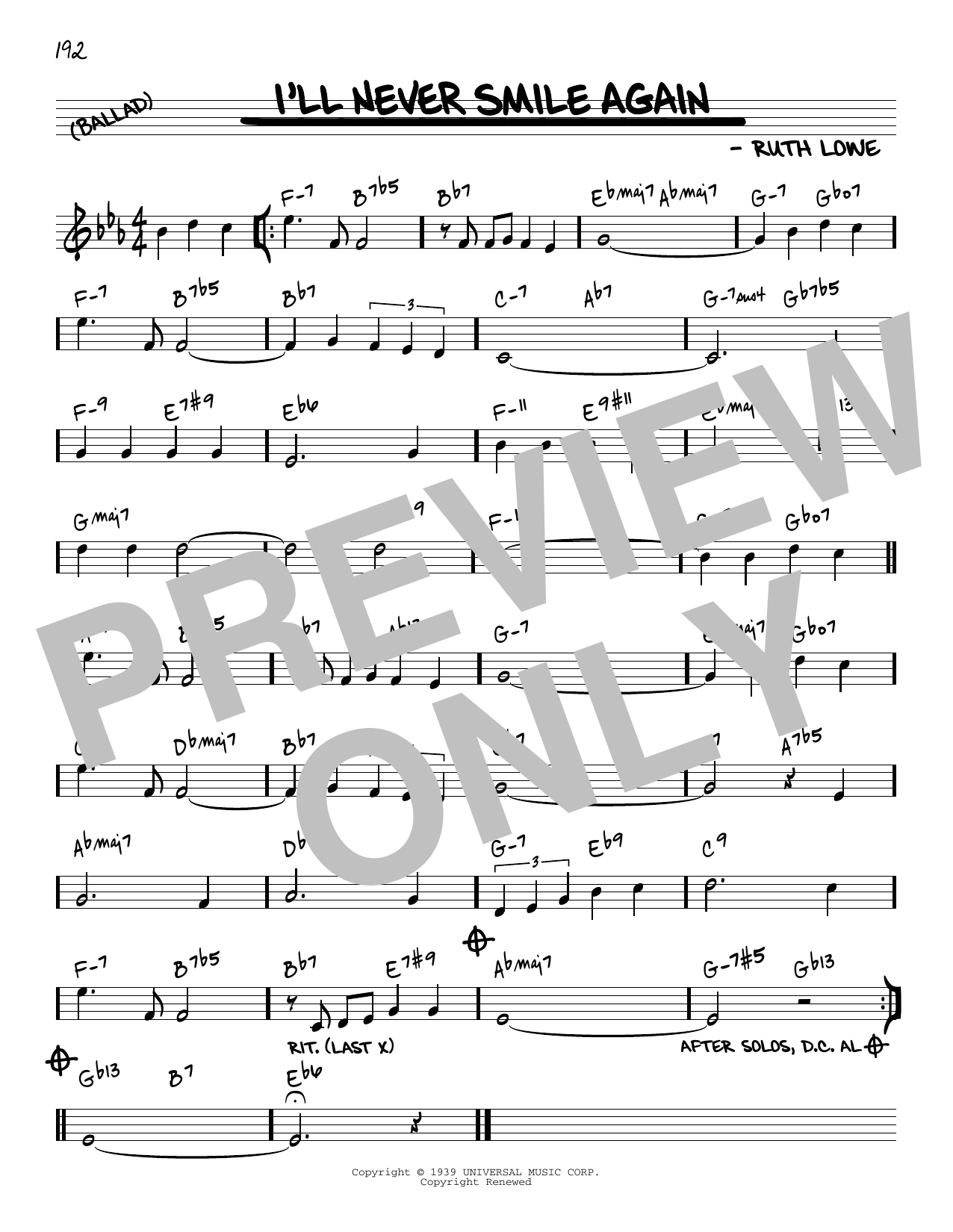 Tommy Dorsey & His Orchestra I'll Never Smile Again [Reharmonized version] (arr. Jack Grassel) sheet music notes and chords arranged for Real Book – Melody & Chords