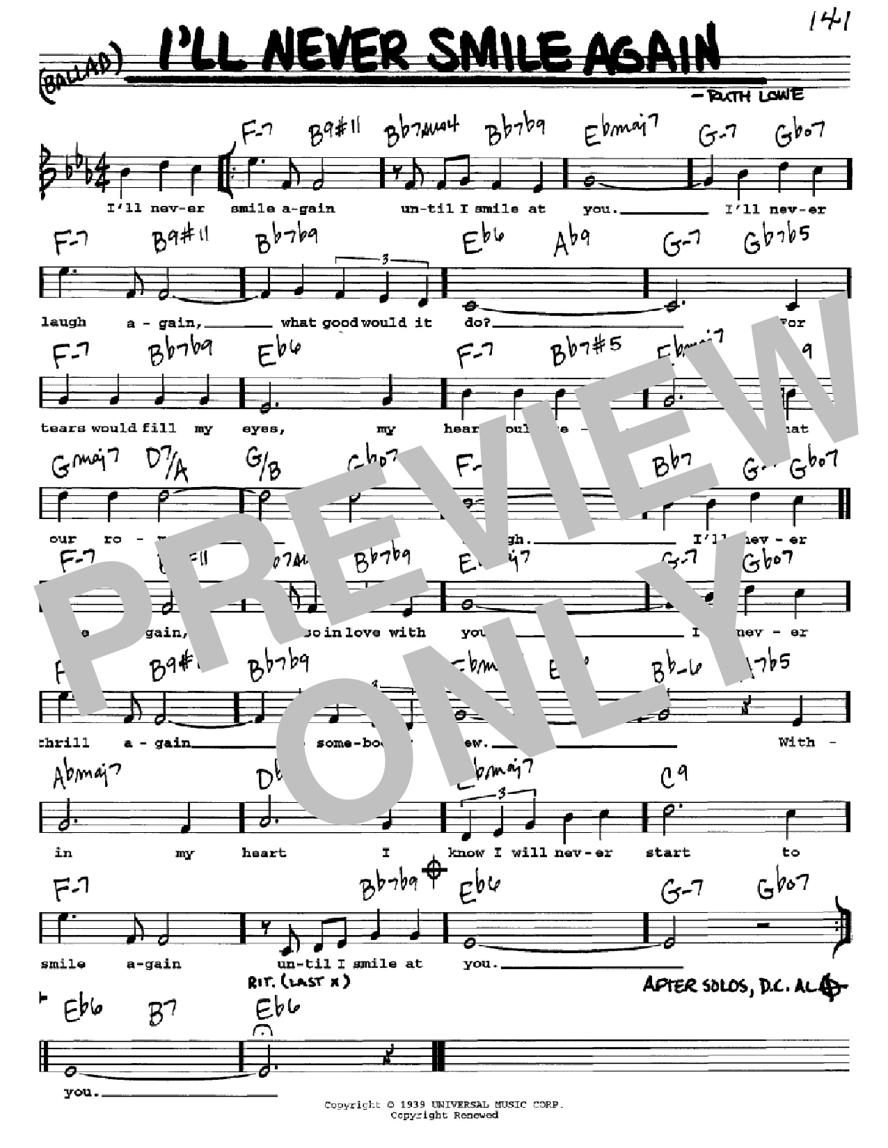 Tommy Dorsey I'll Never Smile Again sheet music notes and chords. Download Printable PDF.