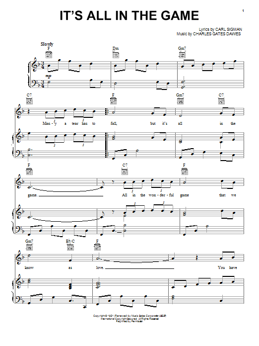 Tommy Edwards It's All In The Game sheet music notes and chords arranged for Easy Piano