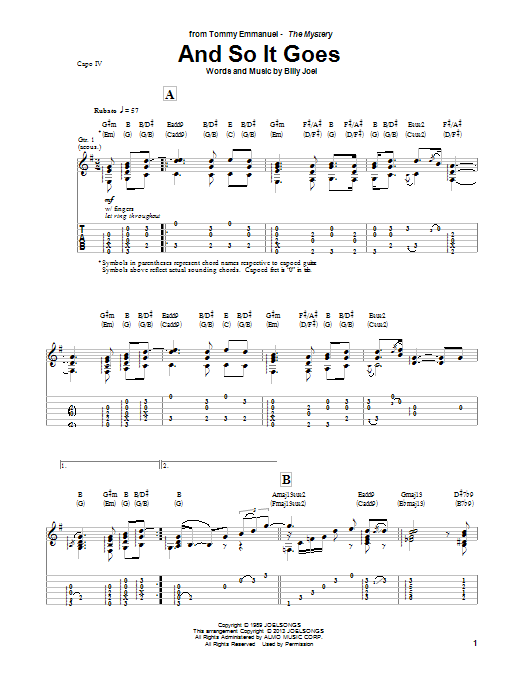 Tommy Emmanuel And So It Goes sheet music notes and chords. Download Printable PDF.