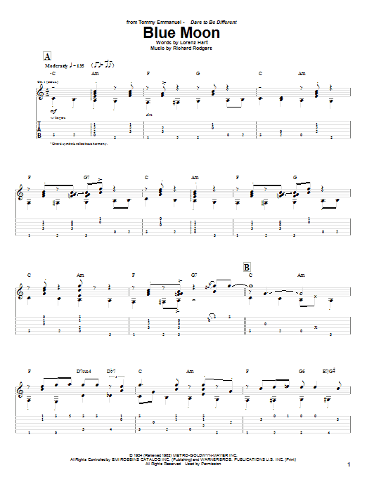 Learn to play Tommy Emmanuel Blue Moon sheet music for Guitar Tab in minutes. Price: 7.8900$ Tommy Emmanuel Blue Moon sheet music notes and chords arranged for Guitar Tab