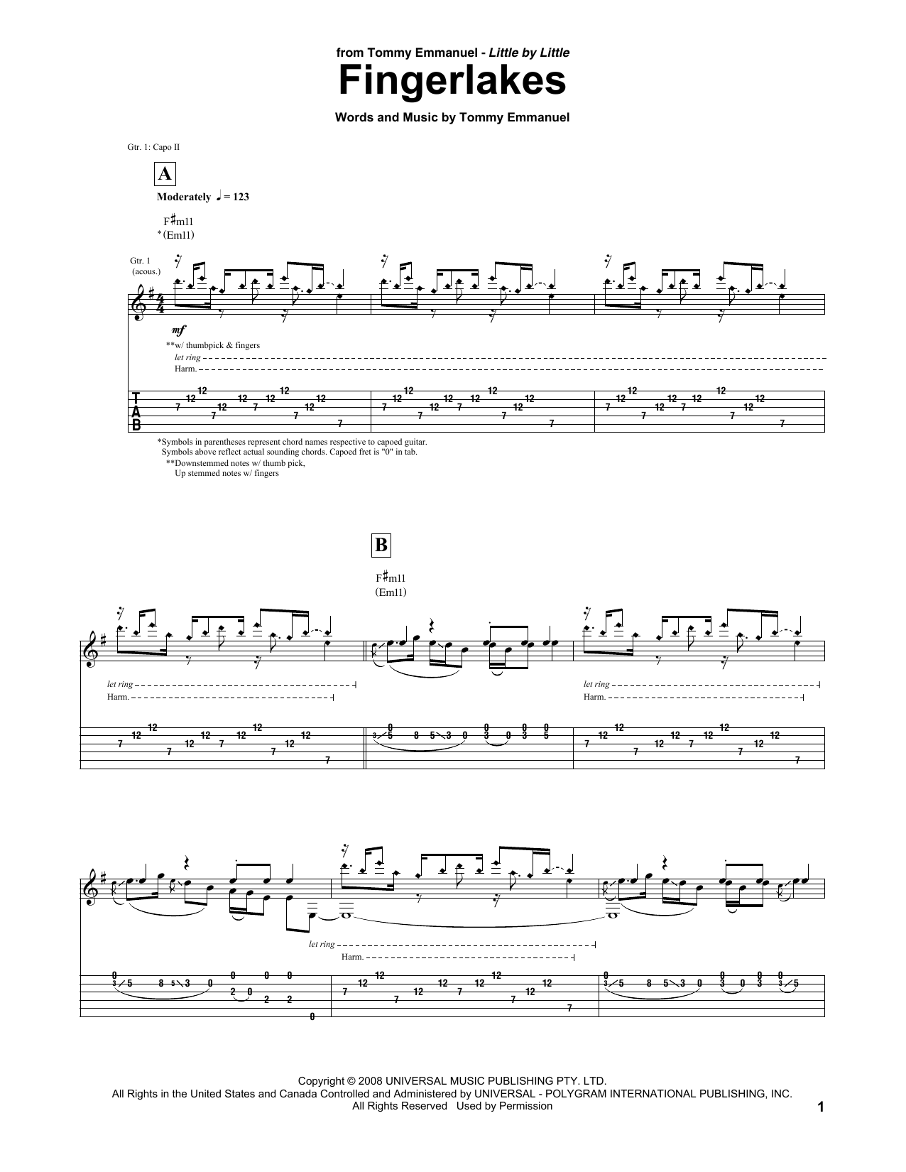 Learn to play Tommy Emmanuel Fingerlakes sheet music for Guitar Tab in minutes. Price: 7.8900$ Tommy Emmanuel Fingerlakes sheet music notes and chords arranged for Guitar Tab