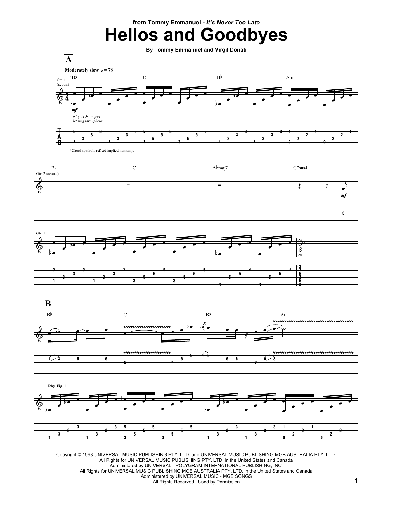 Tommy Emmanuel Hellos And Goodbyes sheet music notes and chords. Download Printable PDF.