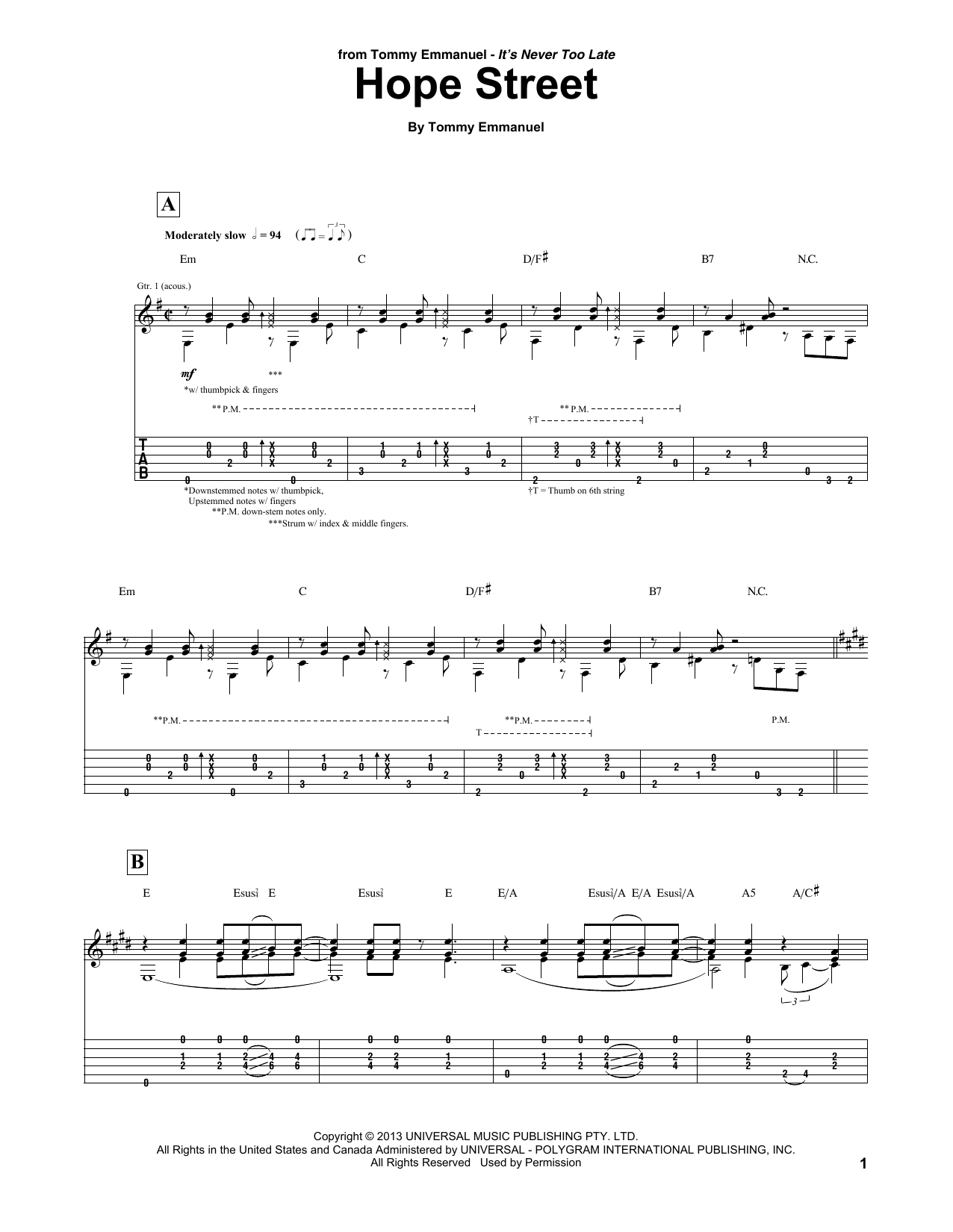 Tommy Emmanuel Hope Street sheet music notes and chords. Download Printable PDF.