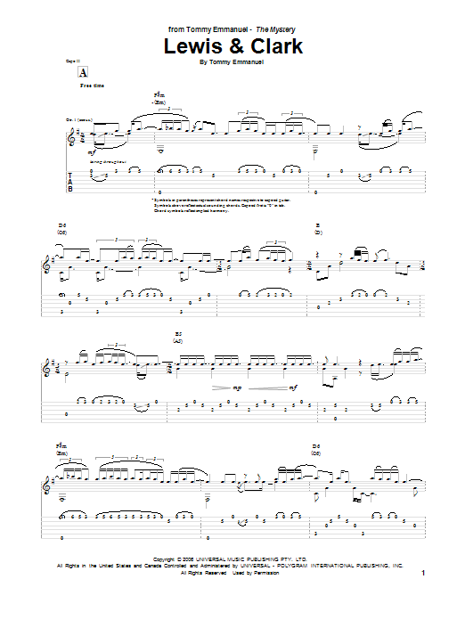 Tommy Emmanuel Lewis & Clark sheet music notes and chords arranged for Guitar Tab