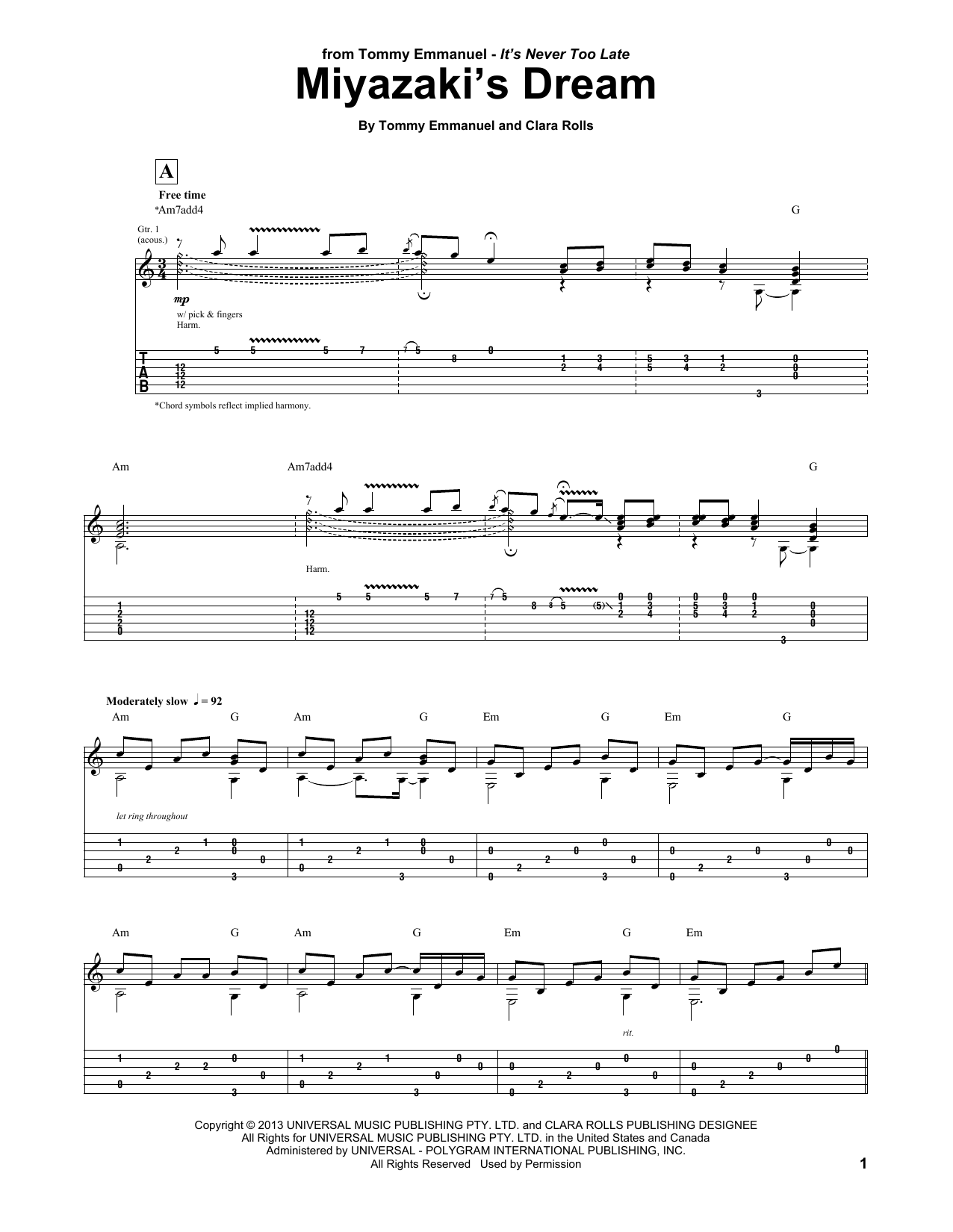 Learn to play Tommy Emmanuel Miyazaki's Dream sheet music for Guitar Tab in minutes. Price: 7.8900$ Tommy Emmanuel Miyazaki's Dream sheet music notes and chords arranged for Guitar Tab