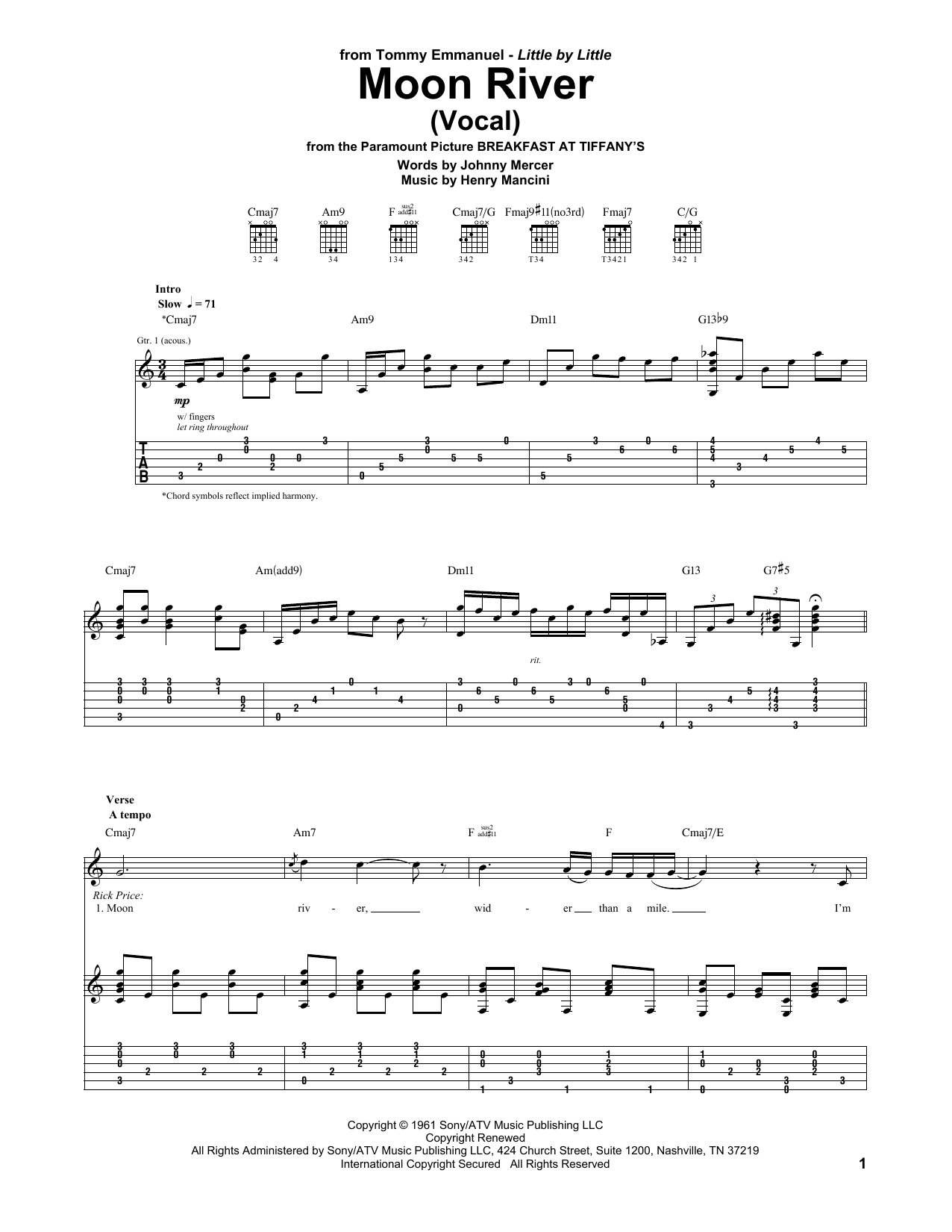Learn to play Tommy Emmanuel Moon River sheet music for Guitar Tab in minutes. Price: 7.8900$ Tommy Emmanuel Moon River sheet music notes and chords arranged for Guitar Tab