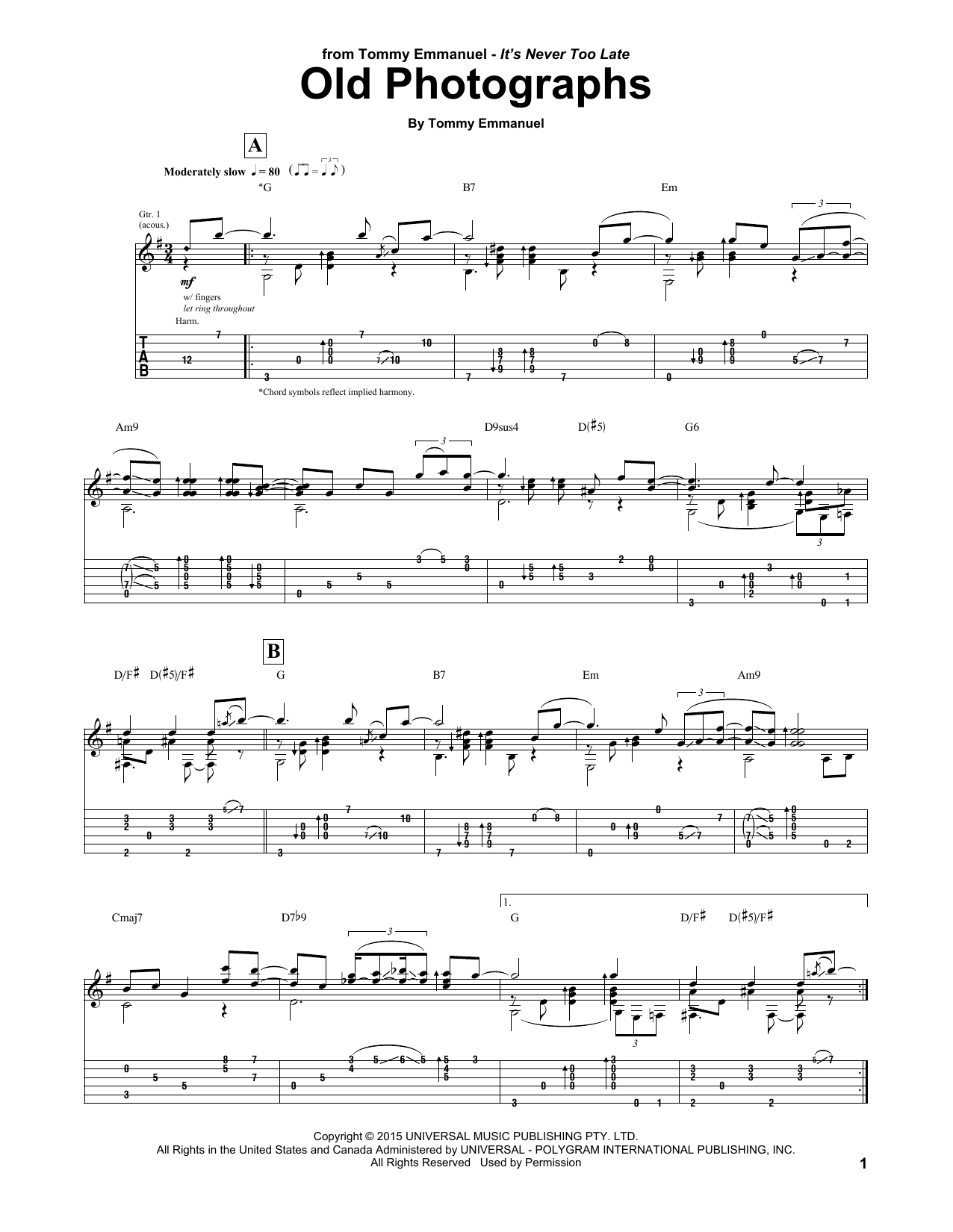 Learn to play Tommy Emmanuel Old Photographs sheet music for Guitar Tab in minutes. Price: 7.8900$ Tommy Emmanuel Old Photographs sheet music notes and chords arranged for Guitar Tab