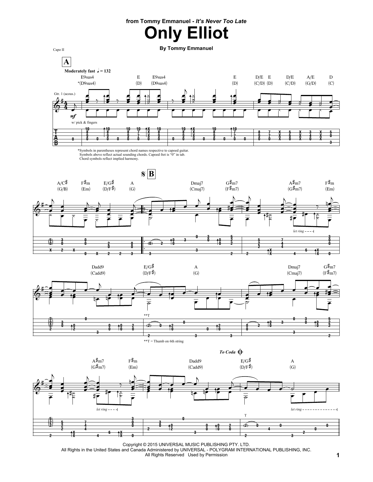Learn to play Tommy Emmanuel Only Elliot sheet music for Guitar Tab in minutes. Price: 7.8900$ Tommy Emmanuel Only Elliot sheet music notes and chords arranged for Guitar Tab