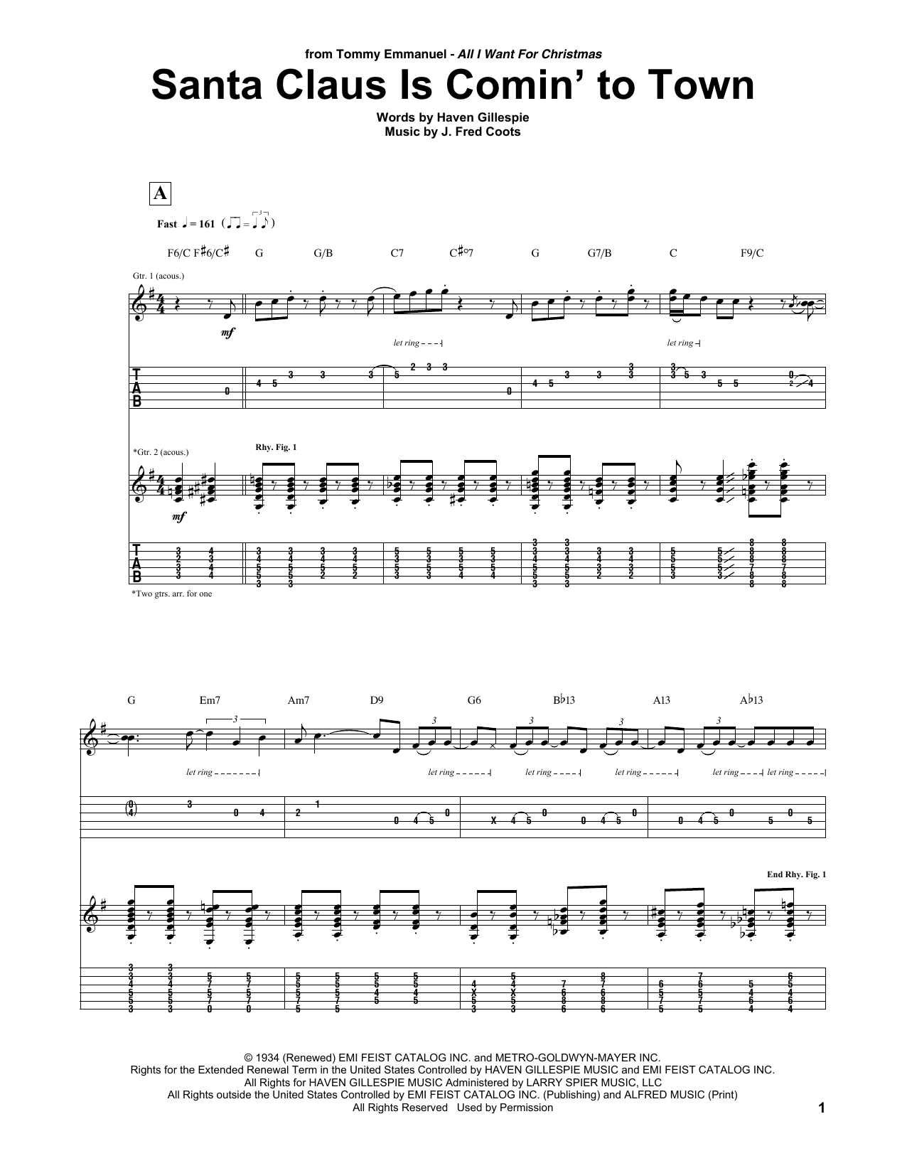 Tommy Emmanuel Santa Claus Is Comin' To Town sheet music notes and chords. Download Printable PDF.