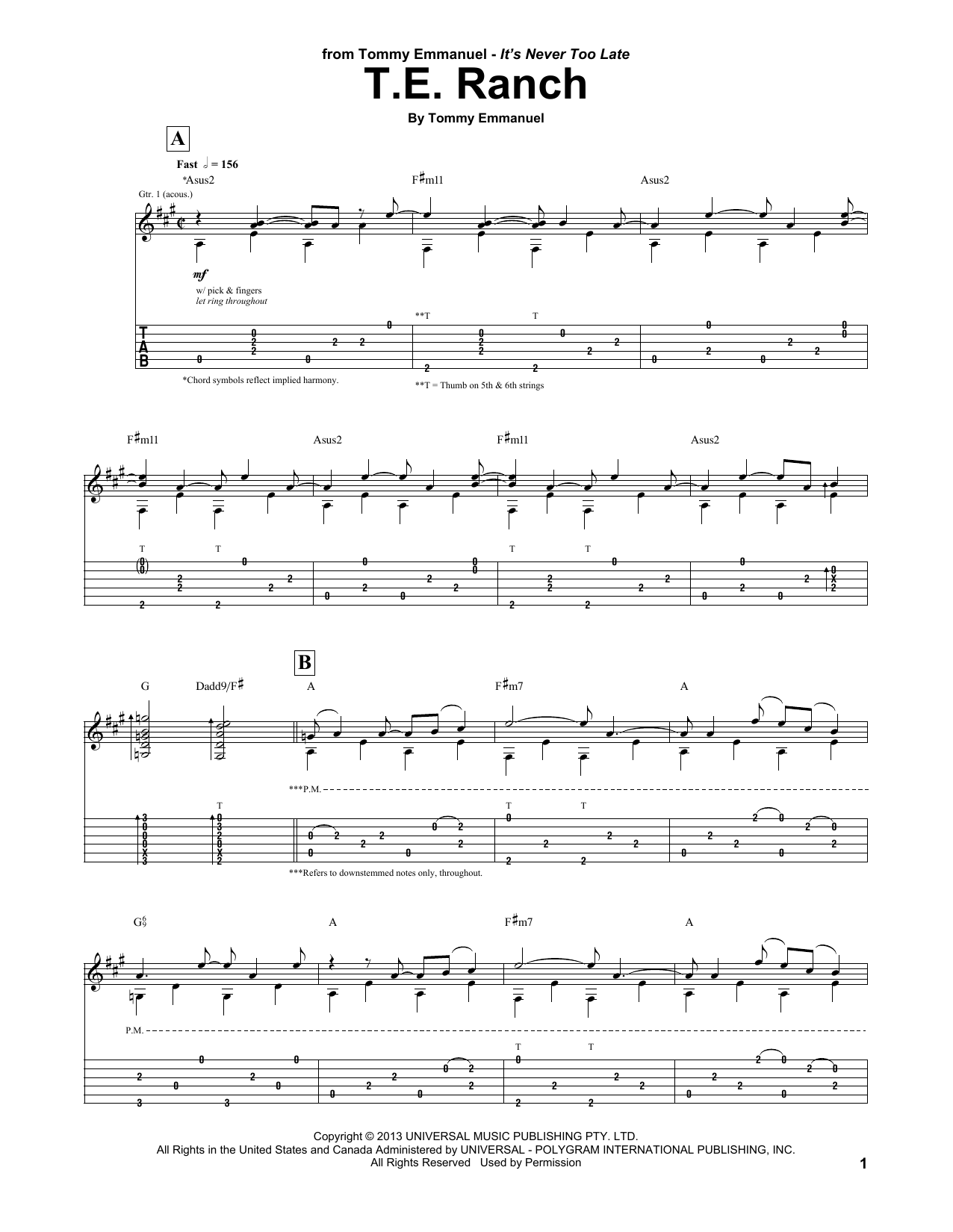 Learn to play Tommy Emmanuel T.E. Ranch sheet music for Guitar Tab in minutes. Price: 7.8900$ Tommy Emmanuel T.E. Ranch sheet music notes and chords arranged for Guitar Tab