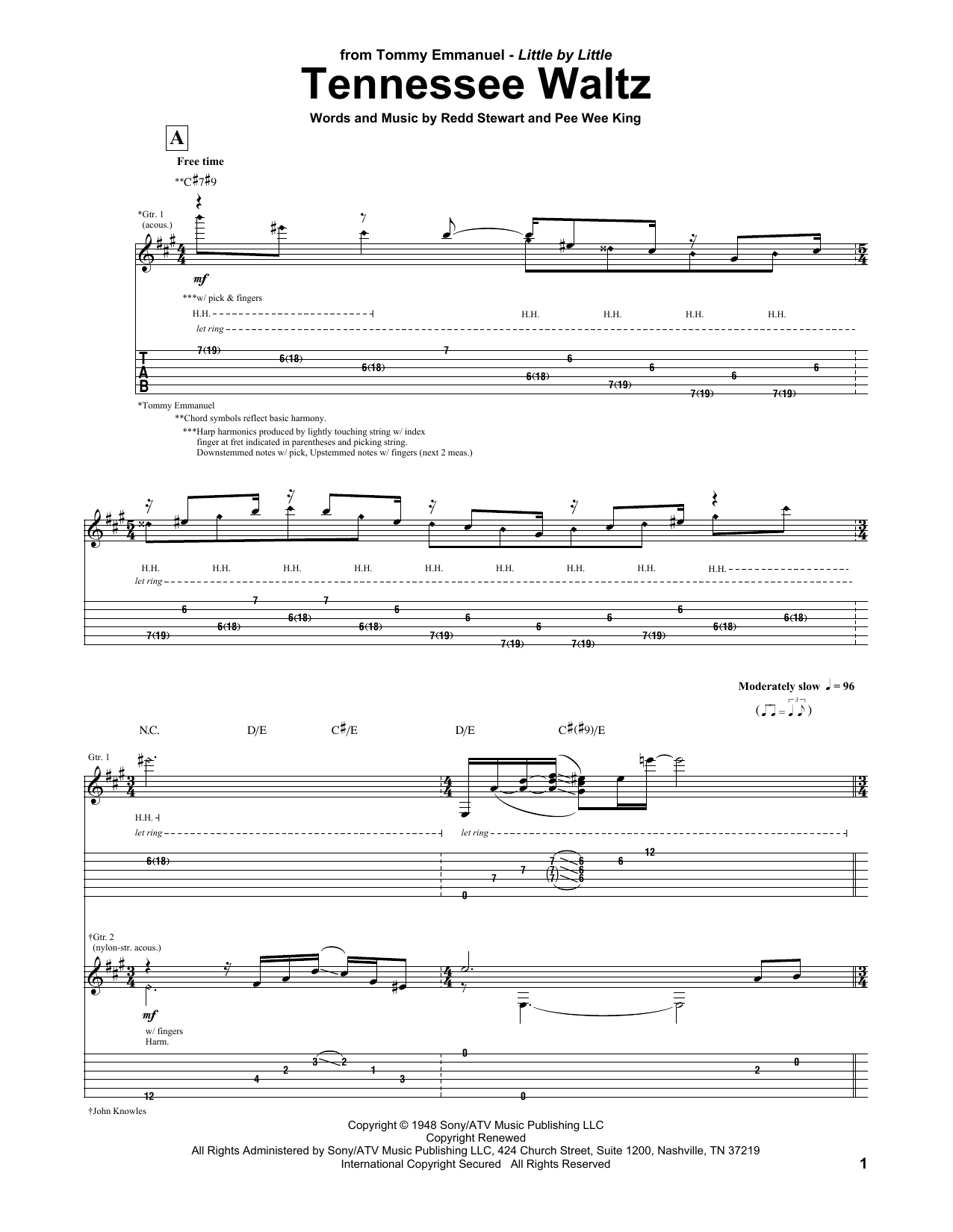 Tommy Emmanuel Tennessee Waltz sheet music notes and chords arranged for Guitar Tab