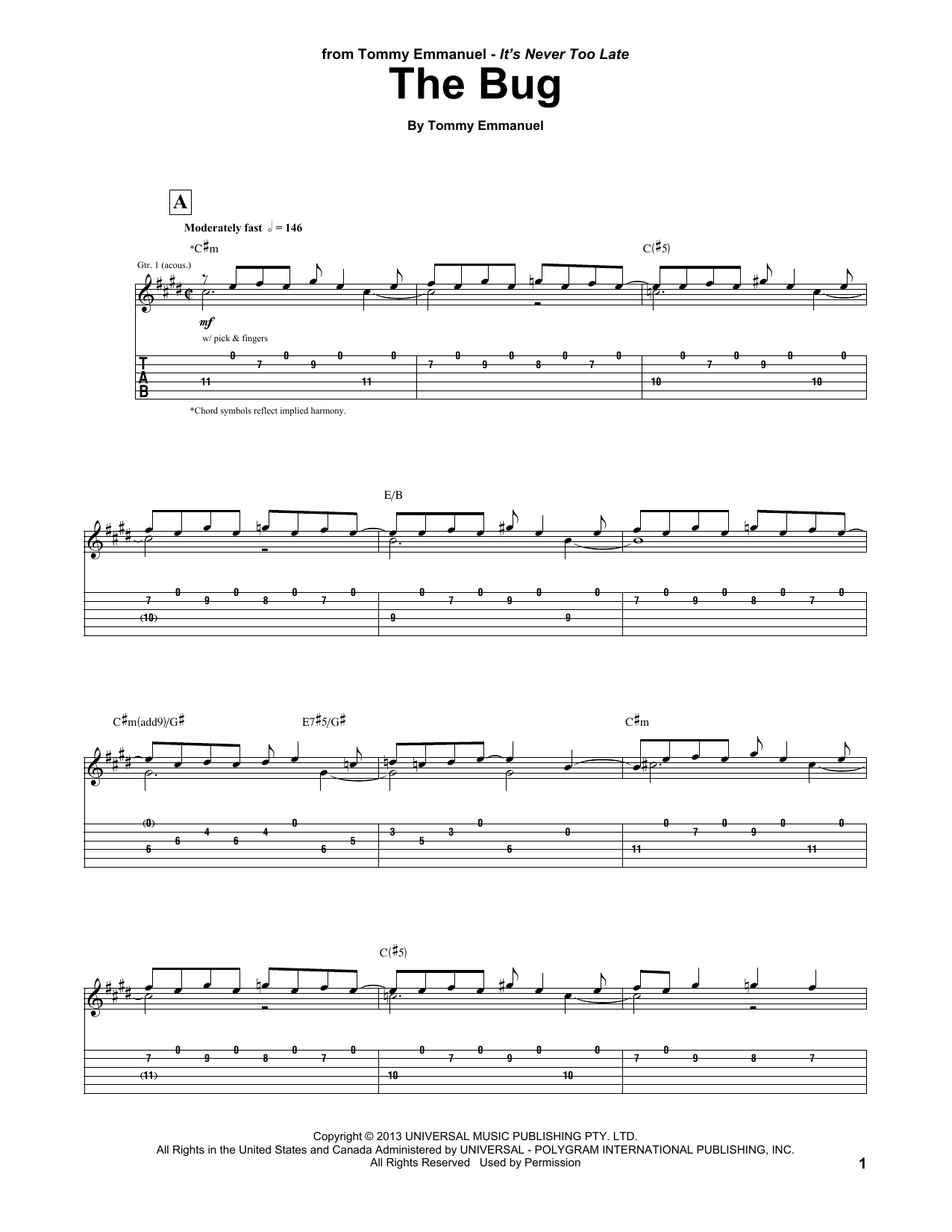 Learn to play Tommy Emmanuel The Bug sheet music for Guitar Tab in minutes. Price: 7.8900$ Tommy Emmanuel The Bug sheet music notes and chords arranged for Guitar Tab