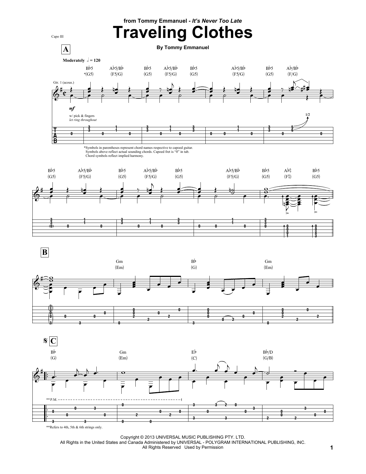 Tommy Emmanuel Traveling Clothes sheet music notes and chords. Download Printable PDF.