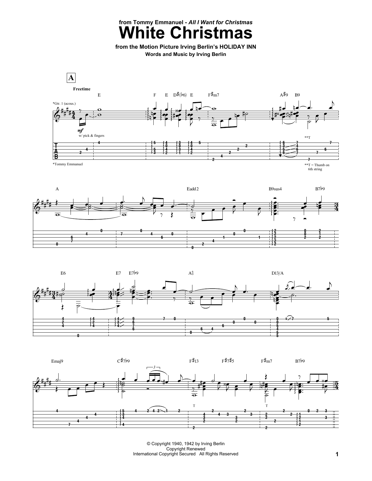 Tommy Emmanuel White Christmas sheet music notes and chords. Download Printable PDF.