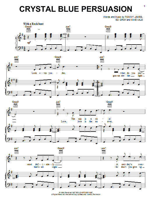 Learn to play Tommy James And The Shondells Crystal Blue Persuasion sheet music for Piano, Vocal & Guitar Chords (Right-Hand Melody) in minutes. Price: 7.8900$ Tommy James And The Shondells Crystal Blue Persuasion sheet music notes and chords arranged for Piano, Vocal & Guitar Chords (Right-Hand Melody)