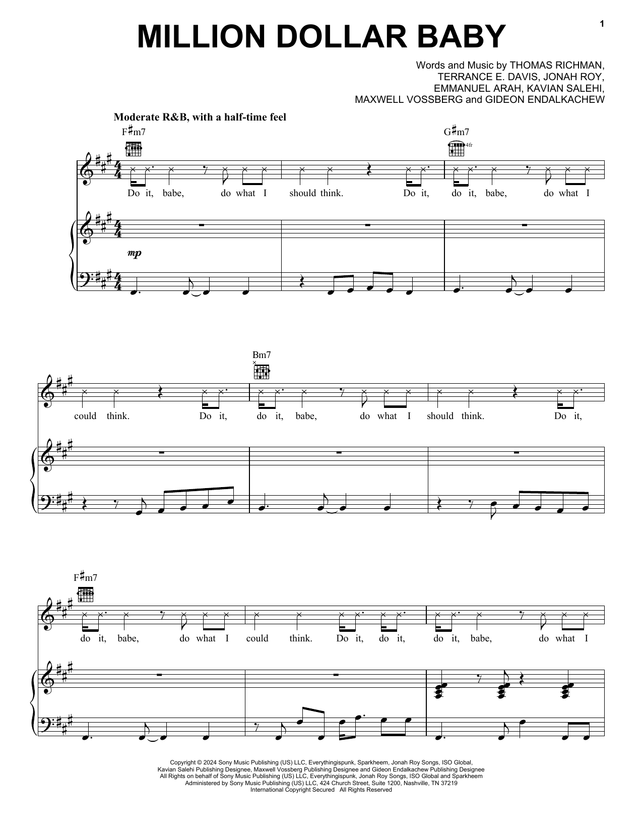 Tommy Richman MILLION DOLLAR BABY sheet music notes and chords. Download Printable PDF.