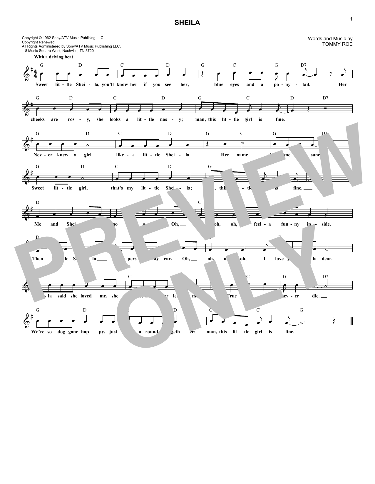 Tommy Roe Sheila sheet music notes and chords arranged for Piano, Vocal & Guitar Chords