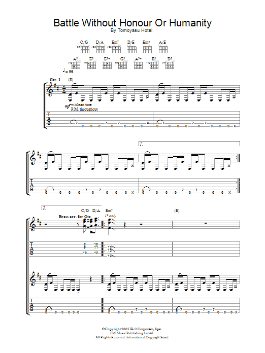 Learn to play Tomoyasu Hotei Battle Without Honour Or Humanity (from Kill Bill Vol. 1) sheet music for Guitar Tab in minutes. Price: 7.8900$ Tomoyasu Hotei Battle Without Honour Or Humanity (from Kill Bill Vol. 1) sheet music notes and chords arranged for Guitar Tab