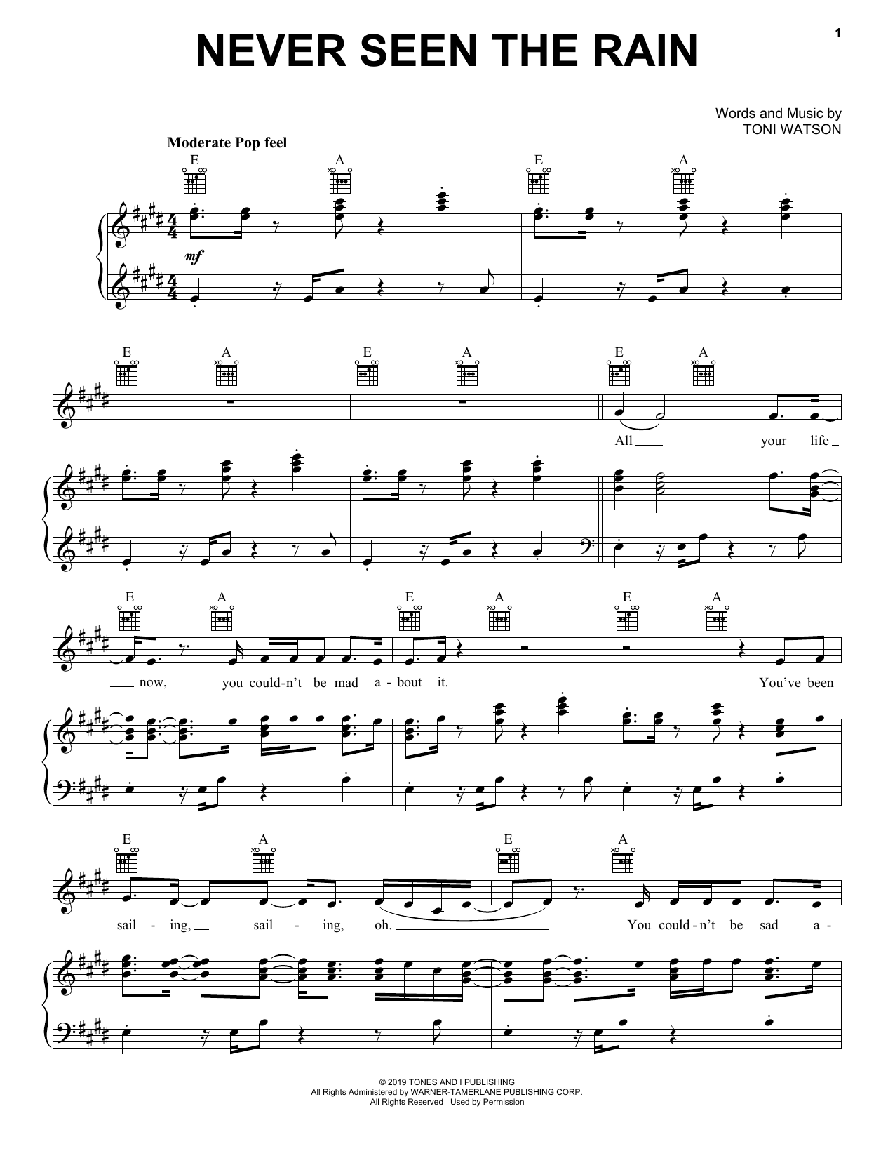 Tones And I Never Seen The Rain sheet music notes and chords arranged for Piano, Vocal & Guitar Chords (Right-Hand Melody)