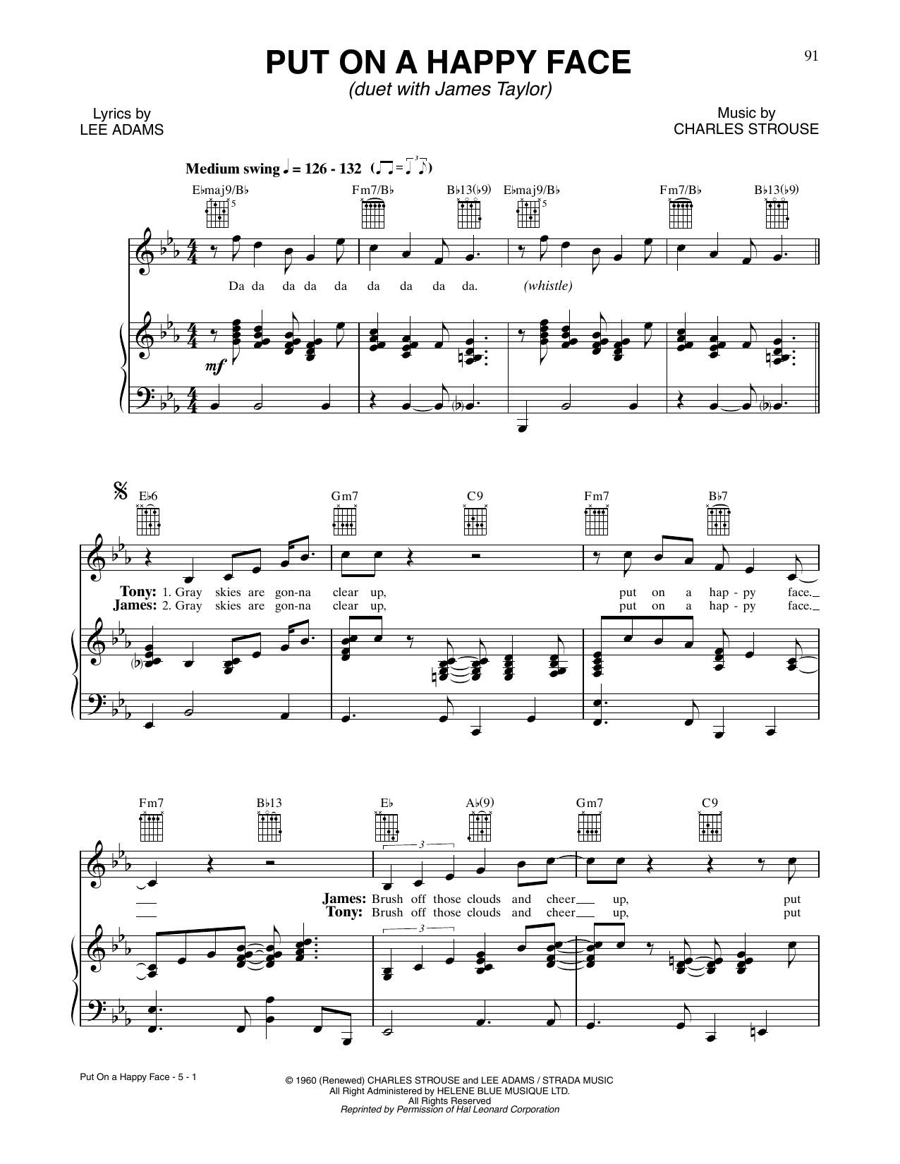 Learn to play Tony Bennett and James Taylor Put On A Happy Face sheet music for Piano, Vocal & Guitar Chords (Right-Hand Melody) in minutes. Price: 7.8900$ Tony Bennett and James Taylor Put On A Happy Face sheet music notes and chords arranged for Piano, Vocal & Guitar Chords (Right-Hand Melody)