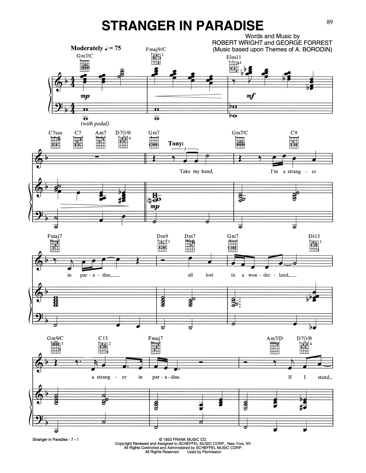 Learn to play Tony Bennett & Andrea Bocelli Stranger In Paradise sheet music for Piano, Vocal & Guitar Chords (Right-Hand Melody) in minutes. Price: 6.9900$ Tony Bennett & Andrea Bocelli Stranger In Paradise sheet music notes and chords arranged for Piano, Vocal & Guitar Chords (Right-Hand Melody)