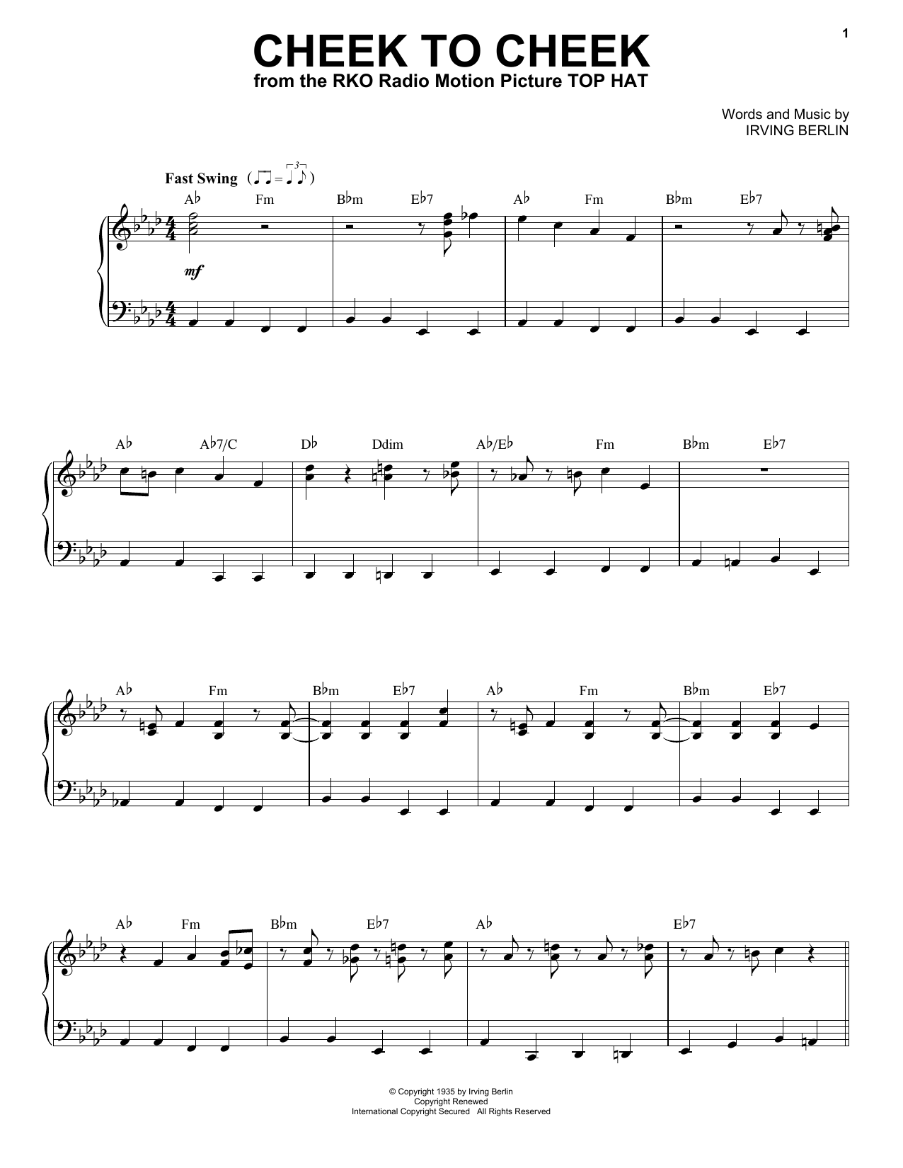 Learn to play Tony Bennett Cheek To Cheek sheet music for Piano & Vocal in minutes. Price: 7.8900$ Tony Bennett Cheek To Cheek sheet music notes and chords arranged for Piano & Vocal