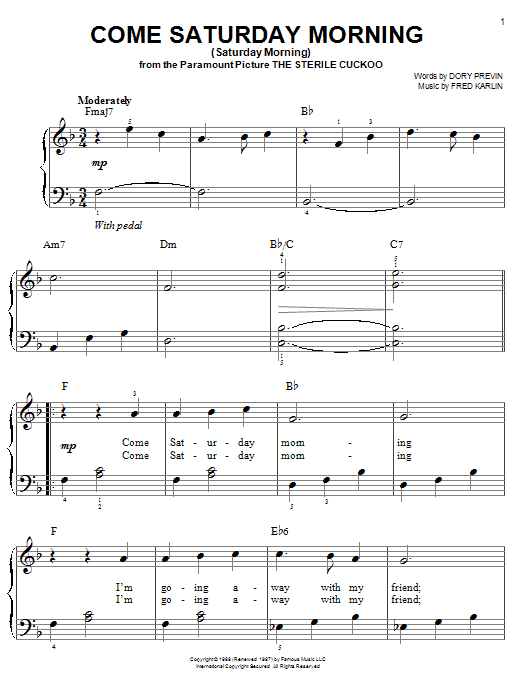 Learn to play Tony Bennett Come Saturday Morning (Saturday Morning) sheet music for Easy Piano in minutes. Price: 6.9900$ Tony Bennett Come Saturday Morning (Saturday Morning) sheet music notes and chords arranged for Easy Piano