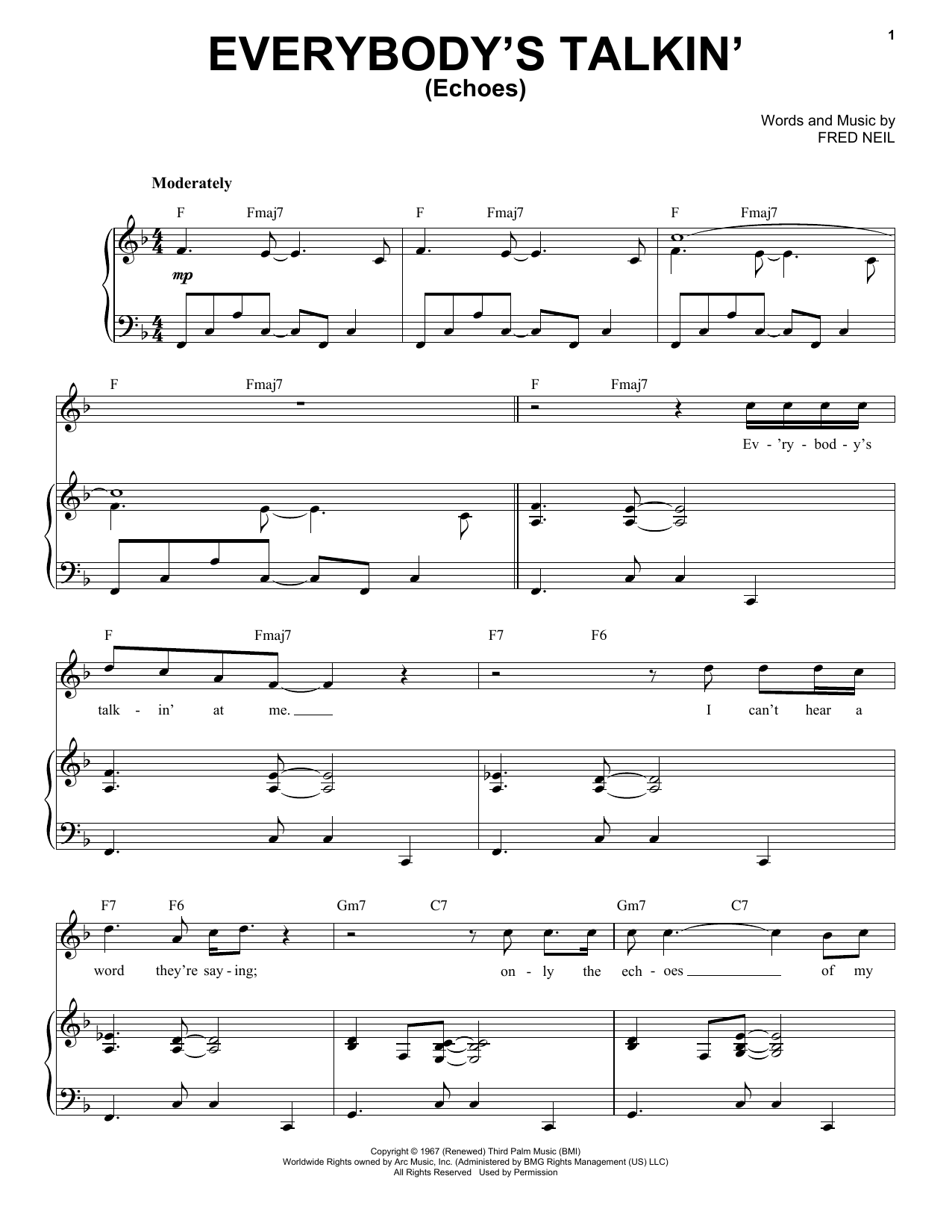 Learn to play Tony Bennett Everybody's Talkin' (Echoes) sheet music for Piano & Vocal in minutes. Price: 7.8900$ Tony Bennett Everybody's Talkin' (Echoes) sheet music notes and chords arranged for Piano & Vocal