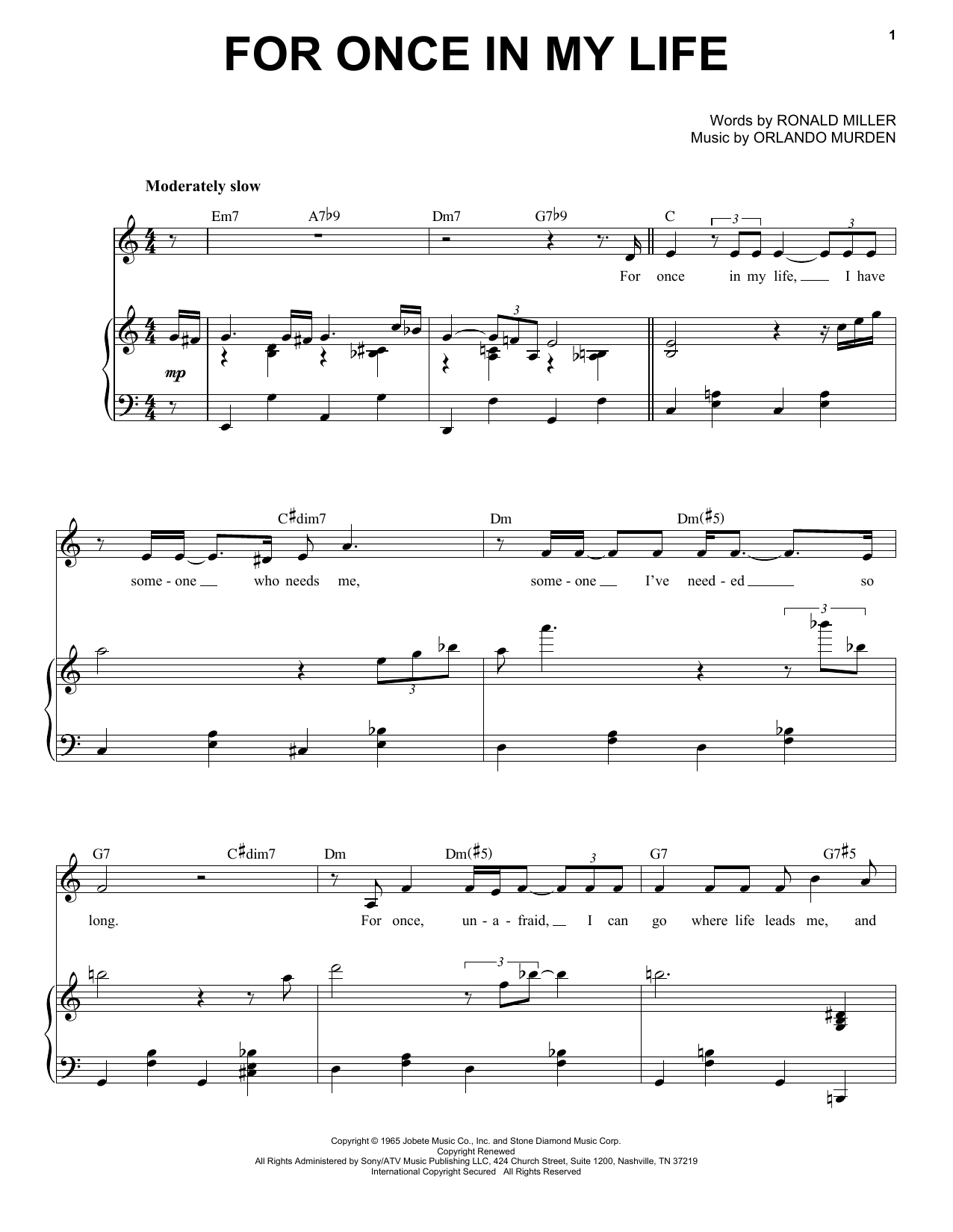 Tony Bennett For Once In My Life sheet music notes and chords. Download Printable PDF.