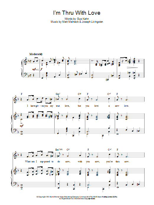 Learn to play Marilyn Monroe I'm Thru With Love sheet music for Piano, Vocal & Guitar Chords in minutes. Price: 7.8900$ Marilyn Monroe I'm Thru With Love sheet music notes and chords arranged for Piano, Vocal & Guitar Chords